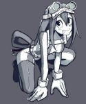  asui_tsuyu bodysuit boku_no_hero_academia breasts gloves goggles goggles_on_headwear grey_background greyscale hair_between_eyes long_hair looking_at_viewer low-tied_long_hair medium_breasts monochrome simple_background sketch solo squatting st_(youx1119) tongue tongue_out very_long_hair 