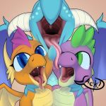  2018 ambiguous_gender anthro dragon drooling fangs friendship_is_magic green_eyes group hi_res horn looking_at_viewer my_little_pony one_eye_closed open_mouth princess_ember_(mlp) rna saliva simple_background smolder_(mlp) speech_bubble spike_(mlp) tongue tongue_out wings 