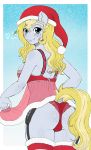  &lt;3 2018 anthro blonde_hair blue_eyes blush breasts butt christmas cleavage clothed clothing equine evo_(oc) evomanaphy fan_character female freckles hair hat holidays horse legwear lingerie looking_at_viewer looking_back mammal nightgown panties pony santa_hat smile snow snowfall solo stockings thigh_highs underwear 