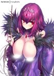  bangs blush breasts breasts_outside censored closed_mouth dress eyebrows_visible_through_hair fate/grand_order fate_(series) feather_trim hair_between_eyes hand_up headpiece holding holding_wand hong_(white_spider) large_breasts leaning_forward long_sleeves looking_at_viewer nipple_censor parted_lips purple_dress purple_hair red_eyes scathach_(fate)_(all) scathach_skadi_(fate/grand_order) signature simple_background solo wand white_background wide_sleeves 