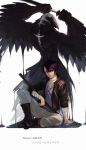  boots double_cross_(f.e.a.r.) dripping holding holding_weapon jacket jewelry katana monster necklace purple_hair sitting sword weapon wings za_tatsumi 