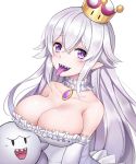  absurdres boo breasts cleavage collar commentary_request crown dress frilled_collar frilled_dress frilled_gloves frills gloves highres large_breasts luigi's_mansion luobo_(nsnr8754) mario_(series) new_super_mario_bros._u_deluxe pale_skin pointy_ears princess_king_boo purple_eyes purple_tongue sharp_teeth super_crown super_mario_bros. teeth tilted_headwear tongue tongue_out white_dress white_gloves white_hair 