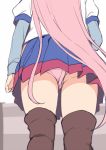  akashi_(kantai_collection) ass blue_skirt brown_legwear commentary_request feet_out_of_frame from_behind from_below hand_up head_out_of_frame hip_vent kantai_collection kusano_(torisukerabasu) long_hair long_sleeves miniskirt panties pink_hair pink_panties pleated_skirt pov_crotch puffy_short_sleeves puffy_sleeves short_over_long_sleeves short_sleeves skirt solo standing thighhighs underwear upskirt very_long_hair 