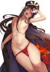  androgynous areolae arm_up armpits bangs black_hair blush breasts cape collarbone fate/grand_order fate_(series) gloves groin hair_between_eyes half-closed_eye hat jewelry kamaboko_(ossann0125) long_hair looking_at_viewer navel necklace nipples oda_nobukatsu_(fate/grand_order) one_eye_closed open_mouth otoko_no_ko panties peaked_cap red_eyes red_panties ribs sidelocks simple_background skindentation small_breasts smile solo stomach tearing_up thighs toned topless underwear very_long_hair white_background white_gloves 