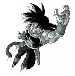  armor bardock black_eyes black_hair boots clenched_teeth commentary dragon_ball dragon_ball_z dutch_angle english_commentary fighting_stance fingernails from_above frown full_body greyscale highres jumping male_focus monochrome official_art outstretched_hand scar serious shaded_face short_hair simple_background spiked_hair tail teeth toriyama_akira white_background wristband 