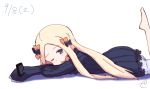 abigail_williams_(fate/grand_order) bangs barefoot black_bow black_dress blonde_hair bloomers blue_eyes blush bow bug butterfly cellphone closed_mouth dated dress fate/grand_order fate_(series) hair_bow head_tilt holding holding_cellphone holding_phone insect kujou_karasuma leg_up long_hair long_sleeves lying no_hat no_headwear on_stomach one_eye_closed orange_bow outstretched_arm parted_bangs phone shadow signature sketch sleeves_past_fingers sleeves_past_wrists solo underwear very_long_hair white_background white_bloomers 