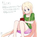  abigail_williams_(fate/grand_order) alternate_costume bangs blonde_hair blue_eyes blush closed_mouth collarbone dated eyebrows_visible_through_hair fate/grand_order fate_(series) feet_out_of_frame forehead green_shirt handheld_game_console head_tilt holding_handheld_game_console kujou_karasuma long_hair looking_at_viewer parted_bangs pink_shorts shirt short_shorts short_sleeves shorts signature simple_background sitting smile solo translation_request very_long_hair white_background 