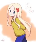  abigail_williams_(fate/grand_order) arm_behind_back blonde_hair blue_pants blush bow brown_background brown_sweater closed_mouth dated eyebrows_visible_through_hair fate/grand_order fate_(series) forehead gradient gradient_background hair_bow head_tilt kujou_karasuma long_hair long_sleeves looking_at_viewer looking_to_the_side pants red_bow signature sketch smile solo sweater very_long_hair white_background 