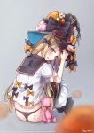  2018 abigail_williams_(fate/grand_order) amamami_prime arm_up ass bangs black_bow black_hat black_legwear black_panties black_sailor_collar blonde_hair blue_eyes blurry blurry_foreground blush bow cake candy commentary_request crossed_bandaids depth_of_field doughnut eyebrows_visible_through_hair fate/grand_order fate_(series) food hair_bow hand_on_headwear hat hat_bow head_tilt highres ice_cream key keyhole keyring leaning_forward lollipop long_hair looking_at_viewer looking_back no_shoes orange_bow panties parted_bangs parted_lips pocky puffy_short_sleeves puffy_sleeves sailor_collar school_uniform serafuku shirt short_sleeves signature sitting skirt skirt_pull slice_of_cake solo stuffed_animal stuffed_toy teddy_bear thighhighs underwear very_long_hair watermark wavy_mouth white_shirt white_skirt witch_hat 