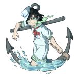  anchor black_hair cowboy_shot green_eyes green_sailor_collar hat hishaku ladle liquid medium_hair mefomefo murasa_minamitsu parted_lips red_neckwear sailor sailor_collar sailor_hat shirt short_sleeves shorts simple_background solo touhou water white_background white_shirt white_shorts 