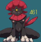  all_fours breasts crouching female looking_at_viewer navel nintendo number pok&eacute;mon pok&eacute;mon_(species) sasamino simple_background smile solo text video_games weavile 
