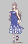  bag bare_shoulders blue_dress blue_eyes bracelet breasts brown_hair company_name copyright_name crossed_legs dress floral_print full_body grey_background handbag jewelry long_hair looking_at_viewer medium_breasts necklace official_art pota_(bluegutty) reki_connect sandals simple_background standing tachi-e tokugawa_fumika watermark watson_cross 
