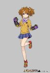  alternate_costume black_gloves brown_hair brown_sweater company_name full_body gloves grey_background hair_bobbles hair_ornament hashiba_tenma looking_at_viewer official_art plaid plaid_skirt pota_(bluegutty) purple_eyes purple_neckwear red_footwear reki_connect shoes simple_background skirt smile sneakers solo spiked_gloves standing standing_on_one_leg sweater watermark 