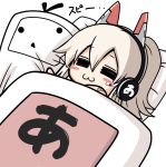 :3 =_= ayanami_(azur_lane) azur_lane bandaid_on_shoulder bangs blush_stickers chibi closed_eyes closed_mouth commentary_request dutch_angle eyebrows_visible_through_hair facing_viewer futon hair_between_eyes headgear headphones highres light_brown_hair long_hair lying moyorieki_perotarou on_back pillow simple_background sleeping solo translation_request under_covers white_background 