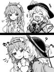  2koma :d =3 ? ^_^ ^o^ blush_stickers cheek_kiss closed_eyes comic commentary_request eating finger_to_cheek food food_on_face greyscale hair_ornament hat headband heart heart_hair_ornament heart_in_mouth heart_of_string highres holding holding_food itou_yuuji kiss komeiji_koishi komeiji_satori long_sleeves medium_hair misunderstanding monochrome multiple_girls onigiri open_mouth profile short_hair siblings sisters smile touhou upper_body 