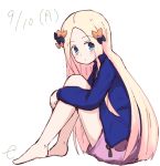  abigail_williams_(fate/grand_order) alternate_costume bangs barefoot black_bow blonde_hair blue_jacket blush bow closed_mouth dated eyebrows_visible_through_hair fate/grand_order fate_(series) forehead full_body hair_bow jacket kujou_karasuma long_hair long_sleeves looking_at_viewer looking_to_the_side open_clothes open_jacket orange_bow parted_bangs pink_shorts short_shorts shorts signature simple_background sitting sketch solo very_long_hair white_background 