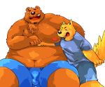  2018 anthro arufina_w bear belly brown_fur bulge canine clothing duo eyes_closed fur humanoid_hands male mammal moobs navel nipples one_eye_closed overweight overweight_male shirt shorts simple_background sitting white_background wink yellow_fur 