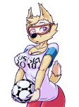  2018 alpha_channel anthro ball big_breasts blue_eyes breasts brown_fur canine cleavage clothed clothing crossgender dipstick_tail eyewear female fifa fur mammal mascot multicolored_fur multicolored_tail nipple_bulge riosha russia russian shirt shorts simple_background soccer_ball solo t-shirt two_tone_fur white_fur wolf zabivaka 