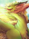 2016 antlers blue_eyes digital_media_(artwork) dragon feathered_dragon feathers feral fur furred_dragon green_feathers green_fur horn open_mouth orange_tongue ravoilie solo teeth 