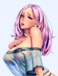  absurdres areola_slip areolae bare_shoulders blue_background breasts cleavage commentary covered_nipples freckles highres large_breasts lips long_hair looking_at_viewer mole mole_under_mouth nikita_varb open_mouth original pink_eyes pink_hair simple_background 