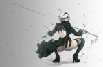  ass back_cutout bad_id bad_pixiv_id black_blindfold black_dress black_hairband blindfold boots covered_eyes dress feather-trimmed_sleeves from_behind gloves grey_background hairband high_heel_boots high_heels highleg highleg_leotard holding holding_sword holding_weapon juliet_sleeves leather leather_boots leotard long_sleeves nier_(series) nier_automata ootachi puffy_sleeves silver_hair squatting sword thigh_boots thighhighs thighhighs_under_boots vambraces vanzan weapon white_leotard yorha_no._2_type_b 