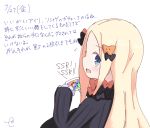  :d abigail_williams_(fate/grand_order) bangs black_bow black_dress blonde_hair blue_eyes blush bow cellphone dated dress eyebrows_visible_through_hair fate/grand_order fate_(series) forehead hair_bow holding holding_cellphone holding_phone kujou_karasuma long_hair long_sleeves looking_at_viewer looking_to_the_side no_hat no_headwear open_mouth orange_bow parted_bangs phone polka_dot polka_dot_bow profile sideways_mouth signature simple_background sketch sleeves_past_fingers sleeves_past_wrists smile solo star translation_request upper_body white_background 