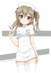  arm_at_side ass_visible_through_thighs bangs black_bow bow brown_eyes brown_hair closed_mouth commentary_request copyright_name cowboy_shot dress eyebrows_visible_through_hair fingernails flipper girls_und_panzer hair_between_eyes hair_bow hat head_tilt holding holding_syringe name_tag nurse_cap one_side_up panties shimada_arisu short_sleeves skindentation smile solo standing syringe thighhighs underwear white_dress white_hat white_legwear white_panties 