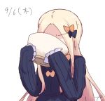  abigail_williams_(fate/grand_order) bangs black_bow black_dress blonde_hair bow bowl dated dress eating eyebrows_visible_through_hair facing_viewer fate/grand_order fate_(series) forehead hair_bow hands_up holding holding_bowl kujou_karasuma long_hair long_sleeves no_hat no_headwear orange_bow parted_bangs signature simple_background sketch sleeves_past_fingers sleeves_past_wrists solo upper_body very_long_hair white_background 