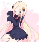  abigail_williams_(fate/grand_order) bangs black_bow black_dress blonde_hair blue_eyes blush bow bug butterfly closed_mouth dated dress eyebrows_visible_through_hair fate/grand_order fate_(series) forehead gradient gradient_background hair_bow hands_up insect kujou_karasuma long_hair long_sleeves looking_at_viewer no_hat no_headwear one_eye_closed orange_bow parted_bangs pink_background sketch sleeves_past_fingers sleeves_past_wrists solo very_long_hair white_background 