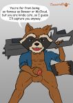  2018 anthro balls brown_fur clothed clothing cowardlion dialogue digital_media_(artwork) first_person_view flat_colors fur guardians_of_the_galaxy gun holding_object holding_weapon humanoid_penis looking_at_viewer low-angle_view male mammal marvel open_mouth penis procyonid raccoon ranged_weapon rocket_raccoon simple_background smile solo talking_to_viewer weapon worm&#039;s-eye_view 