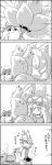  4koma apron choker comic commentary_request cooking dress emphasis_lines fox_tail gap greyscale hair_between_eyes hat hat_ribbon highres holding long_hair mob_cap monochrome multiple_tails pot ribbon saucer short_hair short_sleeves smile sparkle steam stirring tail tani_takeshi touhou translation_request very_long_hair yakumo_ran yakumo_yukari yukkuri_shiteitte_ne 