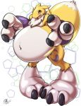  3_fingers 3_toes armwear belly big_belly black_sclera blush bridal_gauntlets clothing digimon female hyper hyper_feet inflation living_inflatable milkybody renamon simple_background toes white_background 