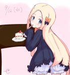  abigail_williams_(fate/grand_order) bangs black_bow black_dress blonde_hair bloomers blue_eyes blush bow bug butterfly cake closed_mouth dated dress eating eyebrows_visible_through_hair fate/grand_order fate_(series) food forehead gradient gradient_background hair_bow head_tilt holding holding_spoon insect kujou_karasuma leaning_forward long_hair long_sleeves looking_at_viewer looking_back no_hat no_headwear orange_bow parted_bangs pink_background plate signature sketch sleeves_past_fingers sleeves_past_wrists slice_of_cake solo spoon spoon_in_mouth table underwear very_long_hair white_background white_bloomers 