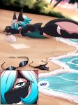  2018 anthro beach big_hands bikini blue_eyes blue_hair cetacean clothing comic digital_media_(artwork) dragon english_text female freckles hair hybrid mammal marine membranous_wings nude orca penelope rainbowscreen seaside sequence smile solo swimsuit text thick_tail whale white_hair wings 