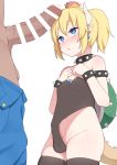  1boy :o arapi bar_censor black_leotard blonde_hair blue_eyes blush bowsette breasts censored crown dark_skin dark_skinned_male earrings erection erection_under_clothes half-closed_eyes hands_on_own_chest horns interracial jewelry large_penis leotard mario_(series) navel new_super_mario_bros._u_deluxe nintendo pale_skin pants pants_pull penis penis_awe penis_on_face penis_on_head personification pointy_ears ponytail shell small_breasts super_crown super_mario_bros. tail thighhighs veins veiny_penis 