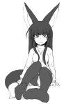  animal_humanoid big_ears black_hair breasts canine clothed clothing dipstick_tail fangs feet female fox_humanoid greyscale hair humanoid inner_ear_fluff jewelry legwear long_hair mammal monochrome multicolored_tail necklace sakifox sitting skirt smile solo tights turtleneck 