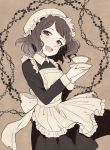  1girl ai_nige apron brown_eyes brown_hair cup holding idolmaster idolmaster_cinderella_girls maid maid_apron maid_headdress nagatomi_hasumi smile solo teacup 