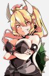  2018 acoloredpencil alternate_species animal_humanoid bare_shoulders blonde_hair bowser bowsette_meme breasts clothing crossgender crown ear_piercing female hair hi_res horn humanoid humanoidized koopa long_hair mario_bros nintendo piercing pointy_ears red_eyes scalie shell simple_background smile solo super_crown video_games 