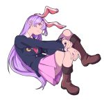  animal_ears bangs blazer boots brown_footwear bunny_ears crescent crescent_moon_pin extra_ears full_body hair_over_one_eye jacket long_hair long_sleeves mefomefo necktie pink_skirt pleated_skirt purple_hair red_eyes red_neckwear reisen_udongein_inaba simple_background skirt solo touhou very_long_hair white_background 