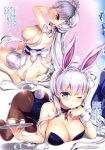  animal_ears apron ass azur_lane bangs barefoot belfast_(azur_lane) blue_eyes blush braid breasts bunny_ears bunny_tail bunnysuit chain cleavage collar crown_braid cup eyebrows_visible_through_hair fake_animal_ears fingernails fujima_takuya highres holding holding_tray large_breasts leotard looking_at_viewer maid_headdress naked_apron one_eye_closed page_number pantyhose scan scan_artifacts shiny shiny_clothes shiny_skin sideboob silver_hair sitting smile sparkle strapless strapless_leotard tail teacup toes tray wariza wrist_cuffs 