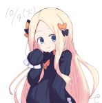  abigail_williams_(fate/grand_order) bangs black_bow black_dress blonde_hair blue_eyes blush bow closed_mouth commentary_request dated dress fate/grand_order fate_(series) forehead hair_bow hand_up head_tilt highres kujou_karasuma long_hair long_sleeves no_hat no_headwear orange_bow parted_bangs signature simple_background sleeves_past_fingers sleeves_past_wrists smile solo upper_body very_long_hair white_background 