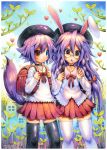  :&lt; animal_ears artist_name backpack bag black_legwear blue_eyes blush bow braid brown_eyes bunny_ears choker closed_mouth collar emperpep fox_tail glasses hair_bow heart heterochromia highres long_hair looking_at_viewer multiple_girls original parted_lips purple_hair randoseru red_bow red_skirt short_hair skirt tail thighhighs traditional_media twin_braids watercolor_(medium) white_legwear 