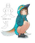  :&gt; bangs bare_legs bird_hood black_footwear blunt_bangs blush brown_eyes brown_hair closed_mouth commentary_request eyebrows_visible_through_hair feather_trim full_body hands_on_own_cheeks hands_on_own_face hood hood_up hoodie legs_together long_sleeves looking_at_viewer mogumo no_socks original shoes short_hair simple_background smile sneakers solo squatting translation_request white_background 
