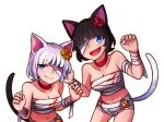  :d animal_ears bandaged_arm bandaged_head bandages bare_shoulders black_hair blood blood_stain blue_eyes breasts cat_ears cat_tail chocolate_(rabi_ribi) choker claw_pose cleavage collarbone error eyebrows_visible_through_hair eyes_visible_through_hair fang flower hair_flower hair_ornament halloween halloween_costume hands_up looking_at_viewer medium_breasts midriff multiple_girls mummy_costume navel one_eye_covered open_mouth pumpkin rabi-ribi red_choker short_hair smile speckticuls tail transparent_background vanilla_(rabi_ribi) white_hair 