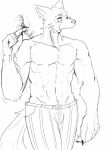  2018 anthro beastars canine clothed clothing hakiahki keys legosi_(beastars) male mammal monochrome muscular muscular_male nails scar solo topless twirling wolf 