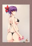  1girl ass bangs bikini black_bikini blunt_bangs breasts brown_background brown_hair cellphone food fruit gegege_no_kitarou hair_ribbon holding holding_phone kitarou large_breasts looking_at_viewer medama_oyaji nekomusume nekomusume_(gegege_no_kitarou_6) phone red_ribbon ribbon sideboob simple_background standing swimsuit thong thong_bikini tsukasawa_takamatsu watermelon yellow_eyes 