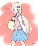  abigail_williams_(fate/grand_order) alternate_costume arm_at_side bag bangs blonde_hair blue_shirt blue_skirt blush bow closed_mouth collared_shirt cowboy_shot dated dress_shirt fate/grand_order fate_(series) forehead gradient gradient_background hair_bow hand_up holding kujou_karasuma long_hair long_sleeves looking_at_viewer looking_to_the_side parted_bangs pleated_skirt purple_bow red_background shirt signature sketch skirt sleeves_past_wrists solo standing sweater_vest very_long_hair white_background 