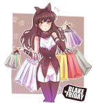  bag black_friday black_hair blake_belladonna commentary_request english flying_sweatdrops hair_ribbon highres iesupa long_hair looking_at_viewer navel outstretched_wrists pantyhose parody price_tag pun ribbon rwby shopping shopping_bag solo thigh_gap ticket yellow_eyes 