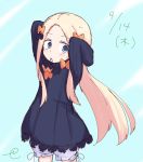  abigail_williams_(fate/grand_order) arms_up bangs black_bow black_dress blonde_hair bloomers blue_background blue_eyes blush bow bug butterfly closed_mouth dated dress eyebrows_visible_through_hair fate/grand_order fate_(series) forehead gradient gradient_background hair_bow hair_tie hair_tie_in_mouth insect kujou_karasuma long_hair long_sleeves looking_at_viewer mouth_hold no_hat no_headwear orange_bow parted_bangs sidelocks signature sketch sleeves_past_fingers sleeves_past_wrists solo standing underwear very_long_hair white_background white_bloomers 