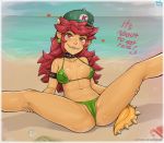  beach bikini blush bowser_peach breasts collar commentary dark_skin earrings english_commentary eyeshadow green_bikini green_earrings hat jewelry kneepits lips long_hair makeup mario_(series) navel ocean pointy_ears possessed postcard princess_peach prototype red_eyes red_hair shell shell_bikini small_breasts solo spiked_armlet spiked_collar spiked_tail spikes spread_legs super_mario_odyssey swimsuit tail thick_eyebrows yellowroom 